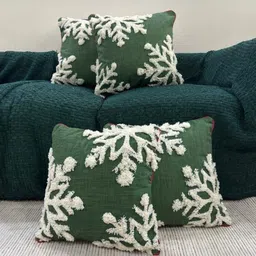 LUSHLYF Green & White 4 Pieces Snowflake Embroidered Cotton Square Cushion Covers-image-15