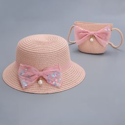 Babyhug Straw Hat With Bow & Purse - Pink-image-30