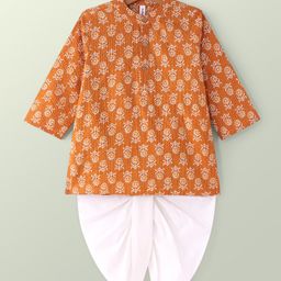 Babyhug Cotton Full Sleeves Dhari Printed Kurta Dhoti Set - Mustard-picture-9