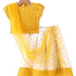 Babyhug Half Sleeves Choli & Pattu Pavada Lehenga with Dupatta Set With Zari Design-Yellow & Ivory-image-79