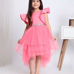 Toy Balloon Kids Half Flutter Sleeves  Beads Embellished Waistband High Low Dress - Pink-picture-15