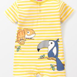Babyhug 100% Cotton Knit Half Sleeves Striped  Romper with Chameleon &  Toucan Bird Print - Yellow-image-96