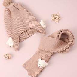 Babyhug Woollen Cap & Muffler Set with Bear Applique -Brown-18