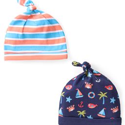 Babyhug 100% Cotton Striped & Beach Theme Print Caps Pack Of 2- Blue & Orange-image-79