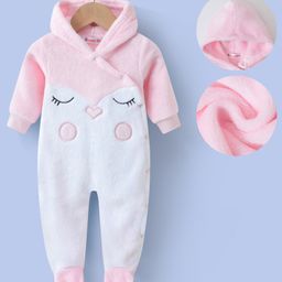 Kookie Kids Full Sleeves Front Open Hooded Footed Romper with Penguin Embroidery - Pink-image-92