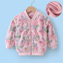 Kookie Kids Full Sleeves Front Open Fur Bomber Jacket with Floral & Sequin Embroidery - Pink-picture-29