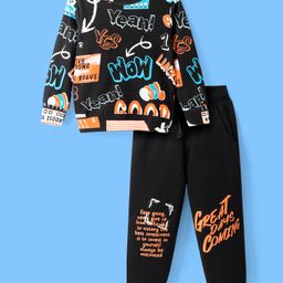 Ollington St. 100% Cotton Knit Full Sleeves Sweatshirt & Joggers Set With Text Print - Black-image-72