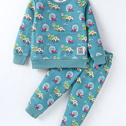Smarty Boys Fleece Knit Full Sleeves Winter Wear Co-Ord Night Suit With Vehicles Print - Teal Blue-image-86