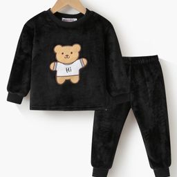 Kookie Kids Full Sleeves T-Shirt & Lounge Pants Winter Wear Set With Teddy Applique - Black-image-18