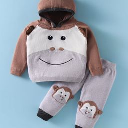 ToffyHouse Cotton Knit Full Raglan Sleeves Winter Wear Hooded Sweatshirt & Lounge Pant Set With Monkey Embroidery & Ear Applique - Brown-image-4