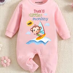 KNITROOT Bua Theme Cotton Full Sleeves BuaS Little Monkey Text Printed Romper - Pink-image-60