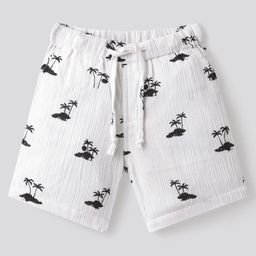 Bonfino Cotton Crinkle Double Gauze Woven Knee Length Shorts with Beach Theme Print - Off White-image-33