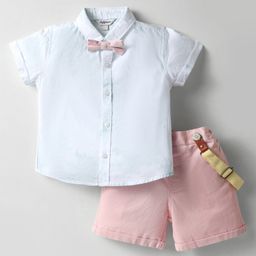 ToffyHouse Poplin Woven Half Sleeves Solid Shirt & Shorts With Bow & Suspender - Light Blue & Peach-picture-26