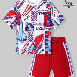 Ollington St.100% Cotton Knit Half Sleeves Space Theme Printed Drop Shoulder T-Shirt & Shorts Set - White & Red-picture-15