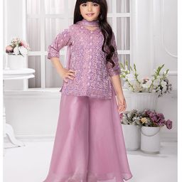Tiny Kingdom Three Fourth Sleeves Sequin Embroided & Embroidered Ethnic Kurta With Palazzo & Dupatta - Purple-image-41
