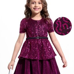 Hola Bonita Half Sleeves Party Dress With Sequin Detailing - Burgandy-image-84