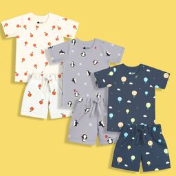 Orange Sugar 100% Cotton Knit Pack Of 3 Half Sleeves Oranges & Penguin Printed Coordinating Night Suit Set - Multi Colour-image-22