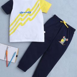 BUMZEE Cotton Knit Half Sleeves Cheezy & Mouse Printed T-Shirt & Lounge Pant Set - White & Navy Blue-image-67