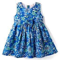 Babyhug Cotton Woven Sleeveless Frock With Floral Print & Bow Applique - Blue-image-61