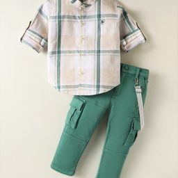 Dapper Dudes Full Sleeves Checked Shirt & Solid Pant With Suspender Set - Green-image-77