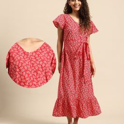 Blush 9 Rayon Flutter Sleeves Floral Printed Maternity Dress With Nursing Access - Red-image-81