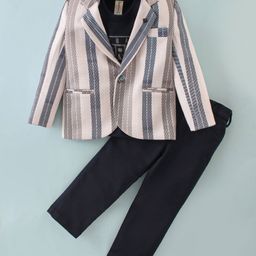 Dapper Dudes Full Sleeves Striped Textured Blazer With Typography Printed Tee & Pant - Brown-picture-27