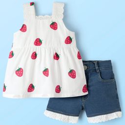 Babyhug Cotton Woven Sleeveless Top & Denim Shorts Set with Strawberry Print - White & Blue-picture-4