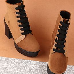 Shoetopia Colour Blocked Lace Up Boots - Tan-image-70
