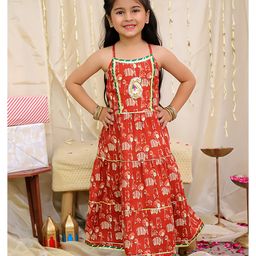 KID1 Cotton Woven Sleeveless Elephant Printed Gota Lace Embellished Long Dress - Maroon-image-82