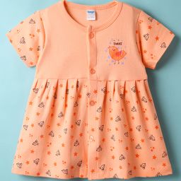 Tango Interlock Knit Half Sleeves Frock With Im Sweet Text & Bird Print - Coral-picture-3