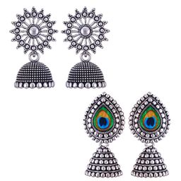 DIVASTRI Set Of 2 Silver-Plated Stone Studded & Beaded Peacock Shaped Oxidised Jhumkas-13