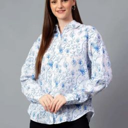 Kotty Blue & White Cotton Printed Shirt-image-52