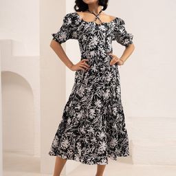 AASK Floral Print Halter Neck Puff Sleeve Crepe Fit & Flare Midi Dress-image-52