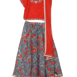 BIBA Girls Blue and Red Embroidered Choli, Lehenga and Dupatta-image-27