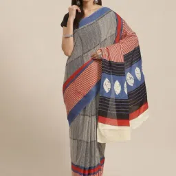 Kalakari India White & Black Cotton Striped Saree With Unstitched Blouse-picture-37