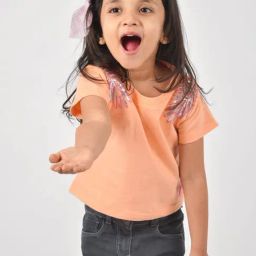 Tales & Stories Kids Peach Cotton Embroidered T-Shirt-image-7