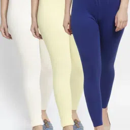 Gracit Blue & Cream Mid Rise Leggings - Pack Of 3-image-67