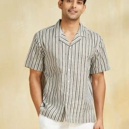Fabindia White & Black Cotton Straight Fit Striped Shirt-image-44