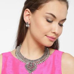 Zaveri Pearls Silver Alloy Goddess Temple Necklace Set-image-11