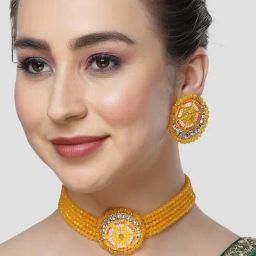 Karatcart Yellow Meena Lotus Design Crystal Choker Necklace Set for Women-image-22