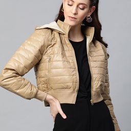 SASSAFRAS Women Beige Solid Bomber Jacket-picture-30