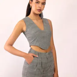 VIRGIO Grey Other Checks Sleeveless Crop Top-picture-48