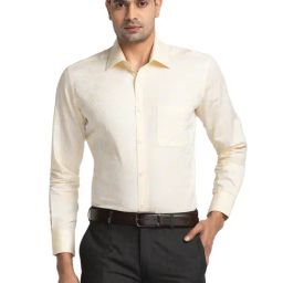Park Avenue Yellow Cotton Classic Fit Self Pattern Shirts-image-43