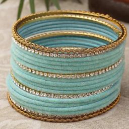Zeneme Gold Plated CZ Studded Blue Velvet Bangles for Women Set of 18-9
