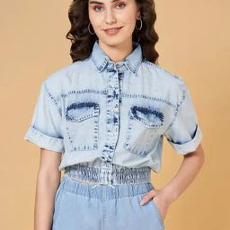 People by Pantaloons Blue Cotton Crop Shirt-image-100