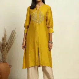 Biba Yellow Embroidered A Line Kurta-picture-2