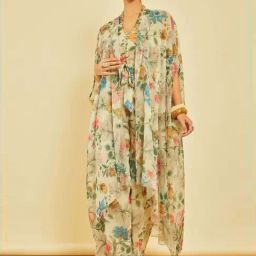 Soch Beige & Green Floral Print Crop Top Palazzo Set with Jacket-picture-12
