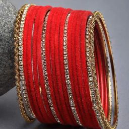Zeneme Gold Plated CZ Studded Red Velvet Bangles for Women Set of 18-22
