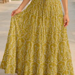 Moomaya Mustard Regular Fit Floral Skirt with Pockets-picture-45