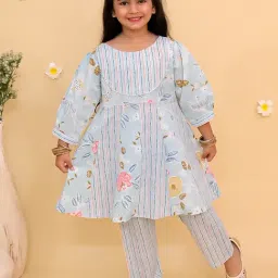 The Mom Store Girls Blue Cotton Floral Print Kurta Set-picture-6